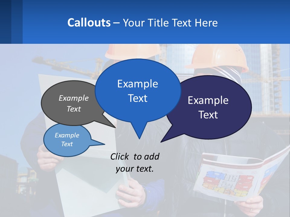 Two Men In Hard Hats Are Looking At A Blueprint PowerPoint Template