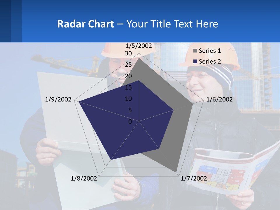 Two Men In Hard Hats Are Looking At A Blueprint PowerPoint Template