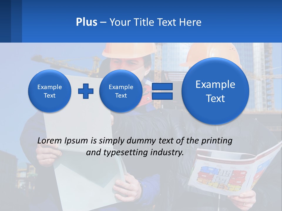 Two Men In Hard Hats Are Looking At A Blueprint PowerPoint Template