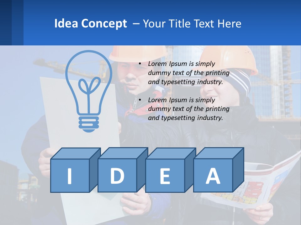 Two Men In Hard Hats Are Looking At A Blueprint PowerPoint Template