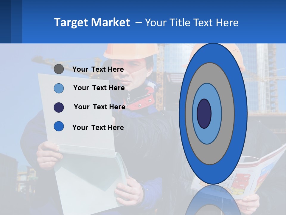 Two Men In Hard Hats Are Looking At A Blueprint PowerPoint Template