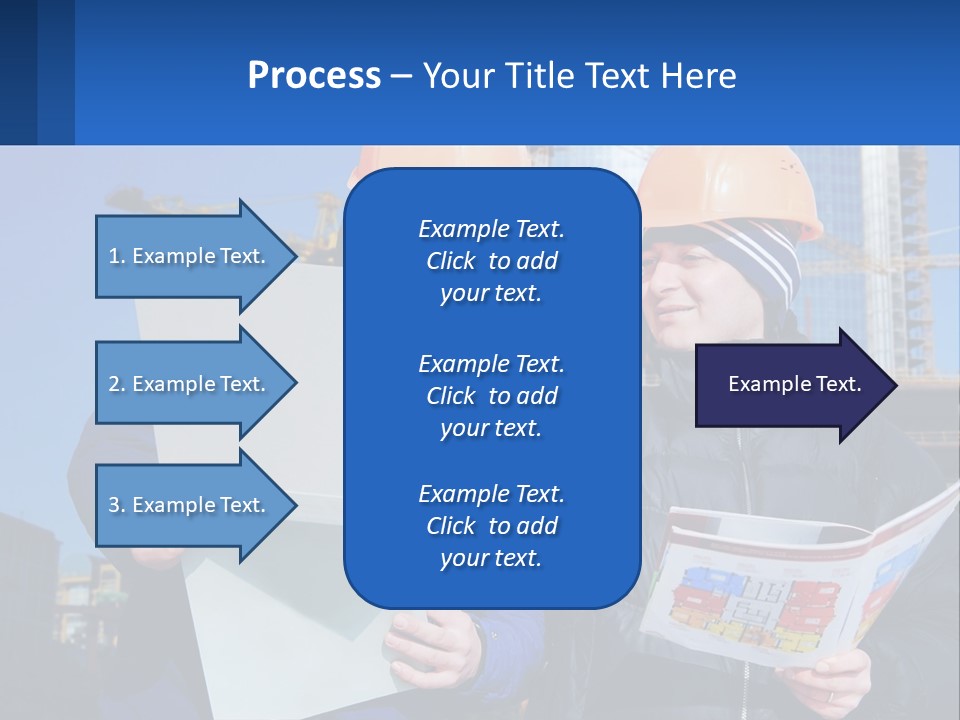 Two Men In Hard Hats Are Looking At A Blueprint PowerPoint Template