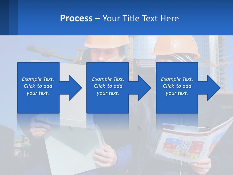 Two Men In Hard Hats Are Looking At A Blueprint PowerPoint Template
