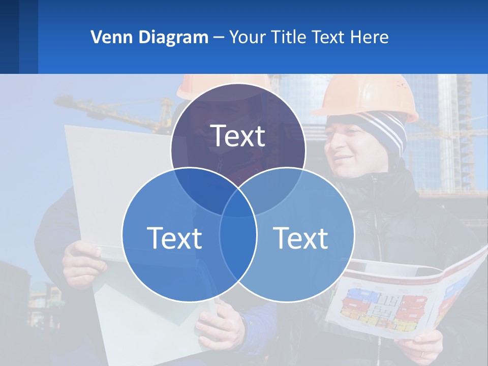 Two Men In Hard Hats Are Looking At A Blueprint PowerPoint Template