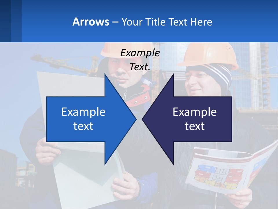 Two Men In Hard Hats Are Looking At A Blueprint PowerPoint Template