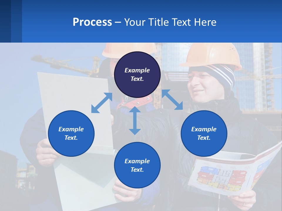 Two Men In Hard Hats Are Looking At A Blueprint PowerPoint Template
