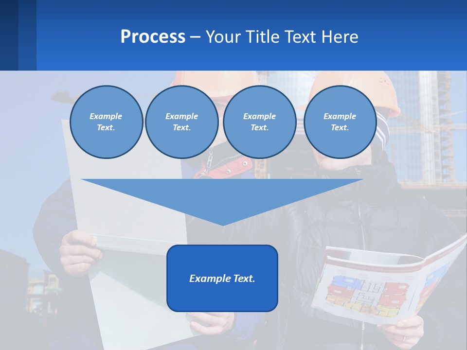 Two Men In Hard Hats Are Looking At A Blueprint PowerPoint Template