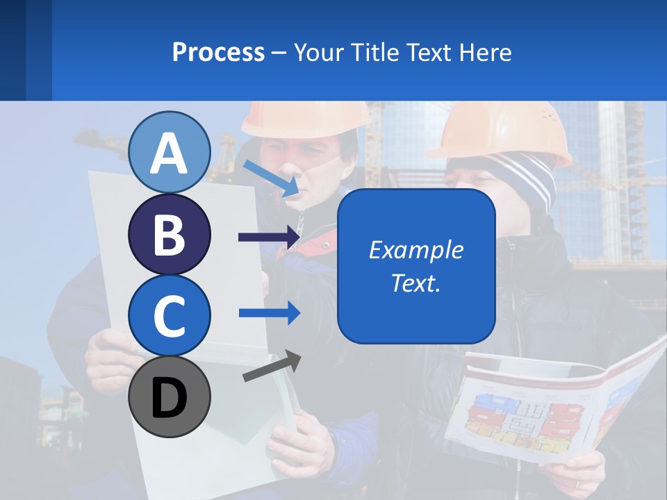 Two Men In Hard Hats Are Looking At A Blueprint PowerPoint Template