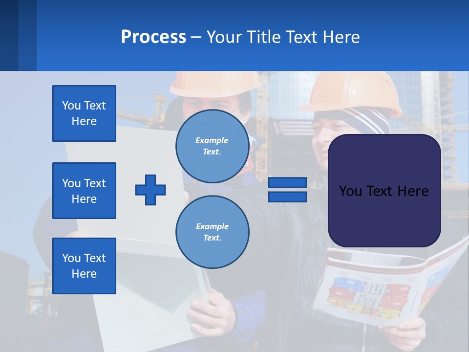 Two Men In Hard Hats Are Looking At A Blueprint PowerPoint Template