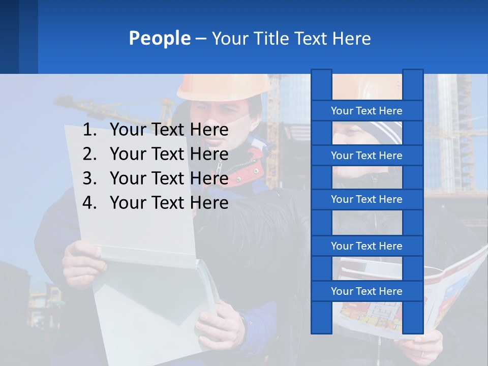 Two Men In Hard Hats Are Looking At A Blueprint PowerPoint Template