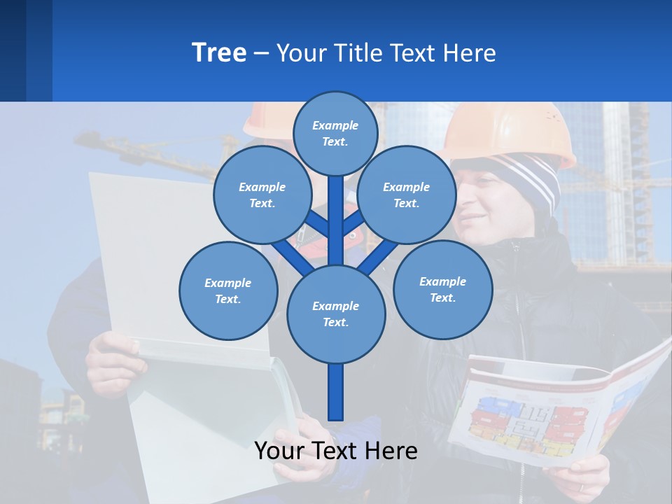 Two Men In Hard Hats Are Looking At A Blueprint PowerPoint Template