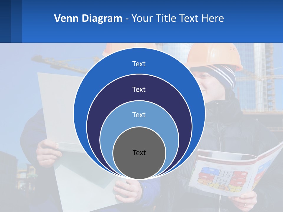 Two Men In Hard Hats Are Looking At A Blueprint PowerPoint Template