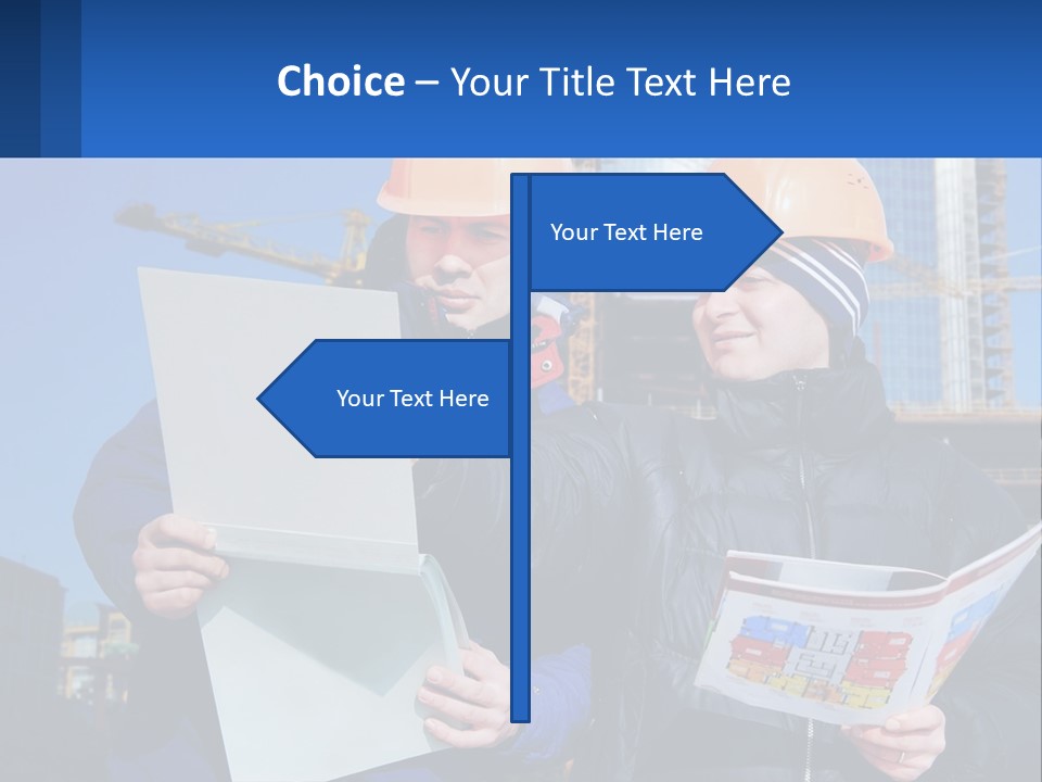 Two Men In Hard Hats Are Looking At A Blueprint PowerPoint Template