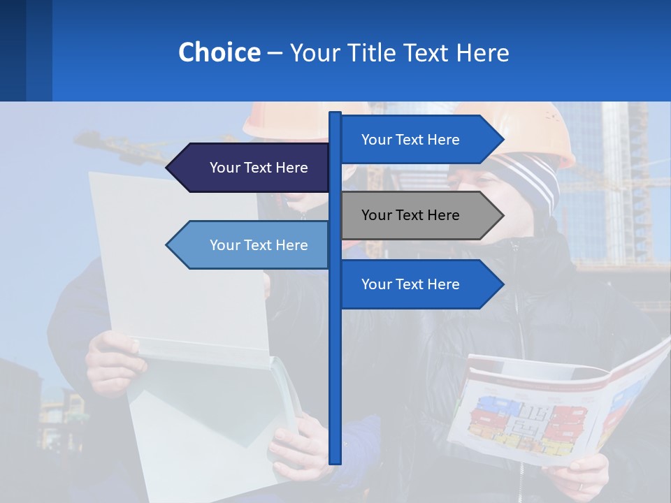 Two Men In Hard Hats Are Looking At A Blueprint PowerPoint Template