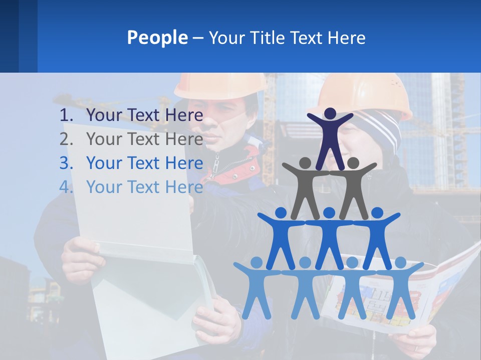 Two Men In Hard Hats Are Looking At A Blueprint PowerPoint Template