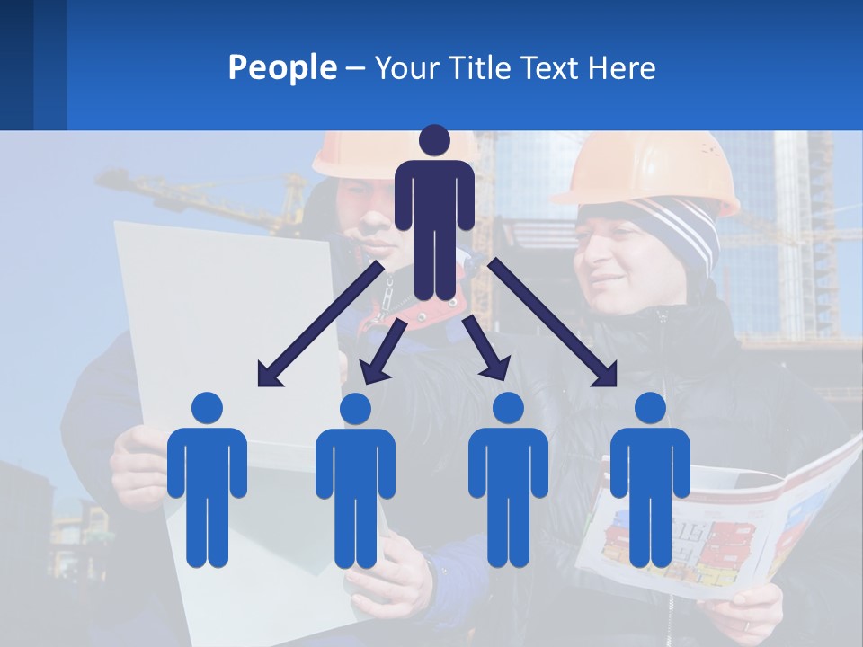 Two Men In Hard Hats Are Looking At A Blueprint PowerPoint Template