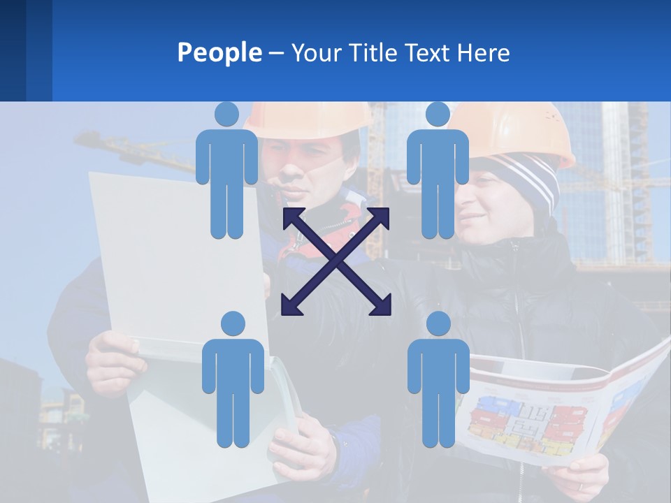 Two Men In Hard Hats Are Looking At A Blueprint PowerPoint Template