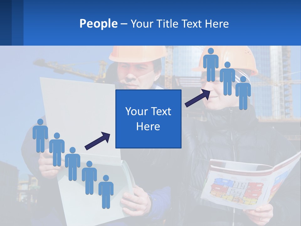 Two Men In Hard Hats Are Looking At A Blueprint PowerPoint Template