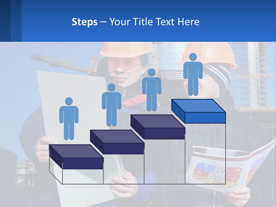 Two Men In Hard Hats Are Looking At A Blueprint PowerPoint Template