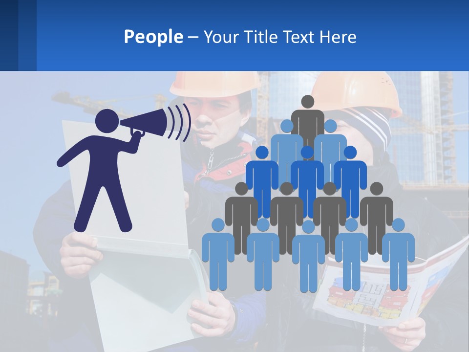 Two Men In Hard Hats Are Looking At A Blueprint PowerPoint Template