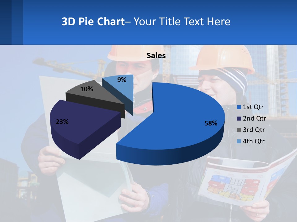 Two Men In Hard Hats Are Looking At A Blueprint PowerPoint Template