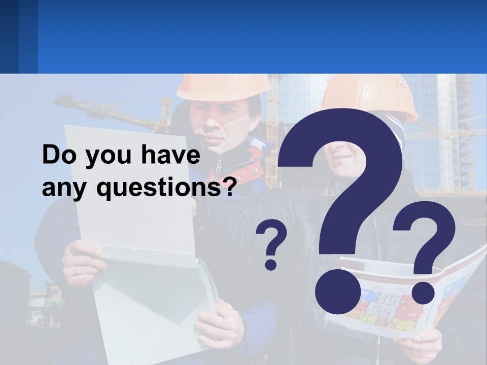 Two Men In Hard Hats Are Looking At A Blueprint PowerPoint Template