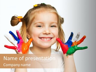 A Little Girl Holding Her Hands Painted In Different Colors PowerPoint Template