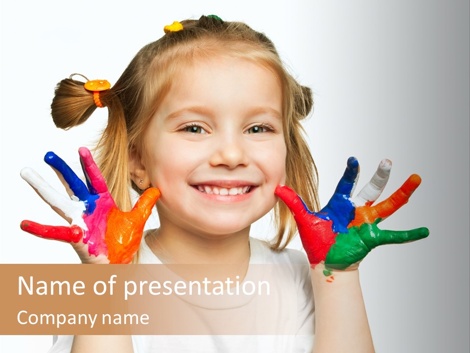 A Little Girl Holding Her Hands Painted In Different Colors PowerPoint Template