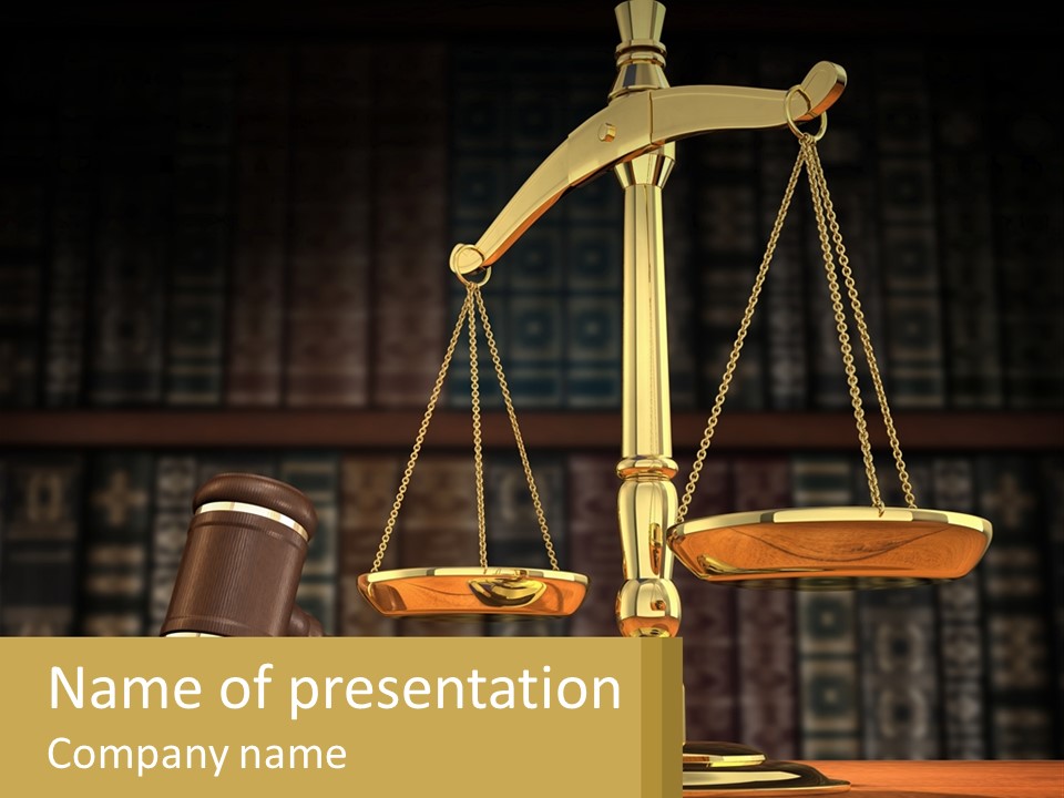 A Judge's Scale With A Gaven And A Bookcase In The Background PowerPoint Template