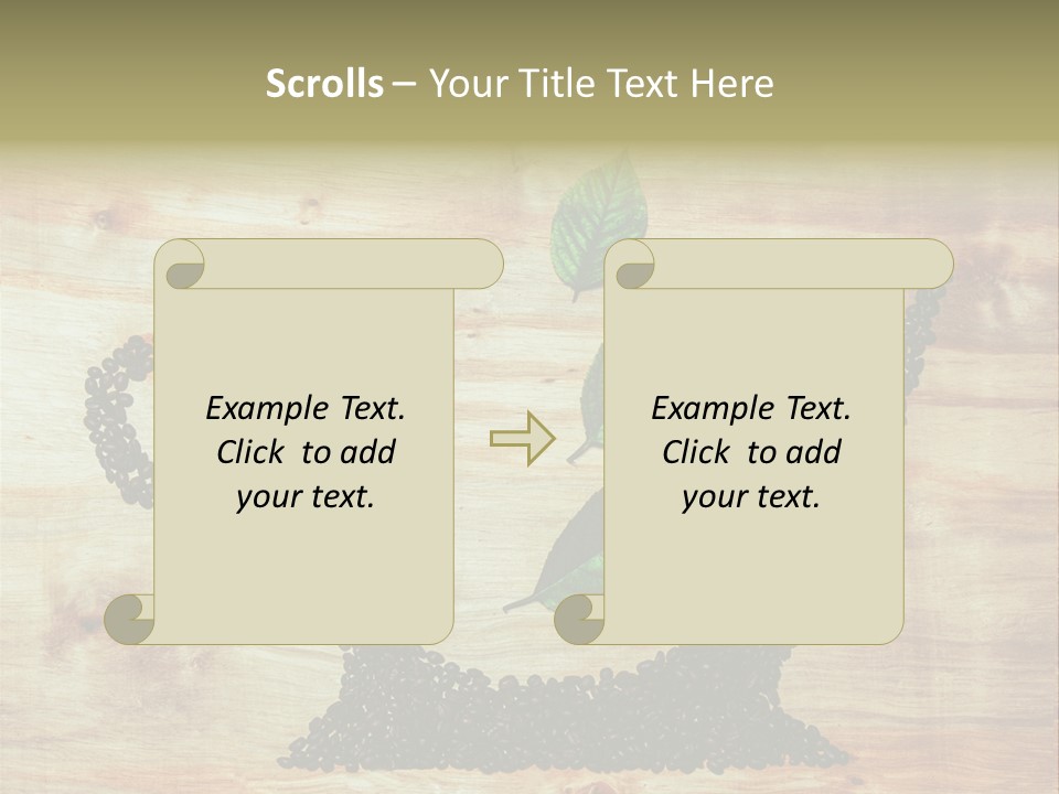 A Wooden Table Topped With Green Leaves And Scissors PowerPoint Template