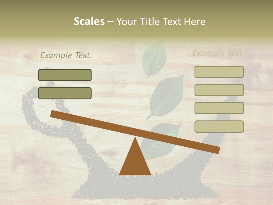 A Wooden Table Topped With Green Leaves And Scissors PowerPoint Template