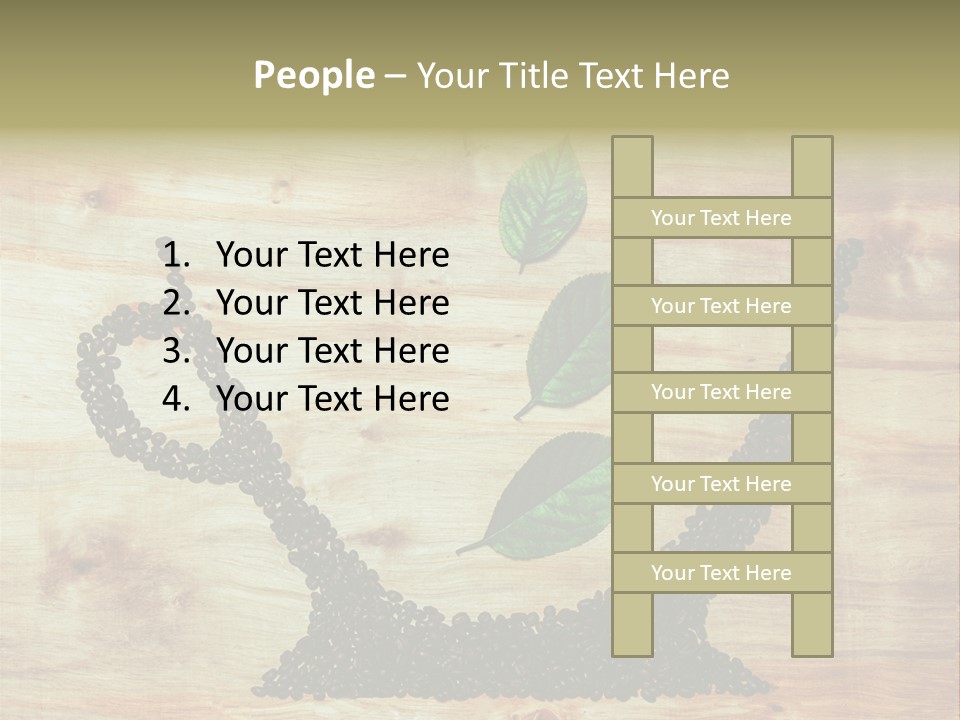 A Wooden Table Topped With Green Leaves And Scissors PowerPoint Template