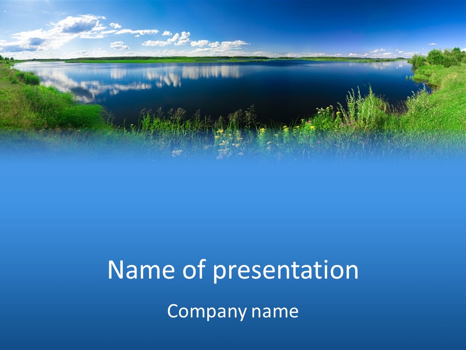 A Lake With Grass And Blue Sky In The Background PowerPoint Template