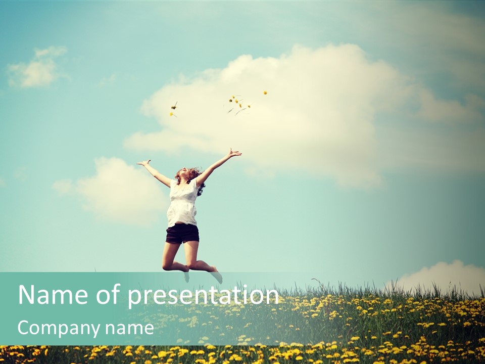 A Woman Jumping In The Air With A Kite PowerPoint Template