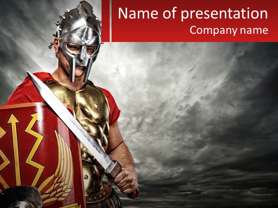 A Man In Armor Holding A Sword And A Shield PowerPoint Template