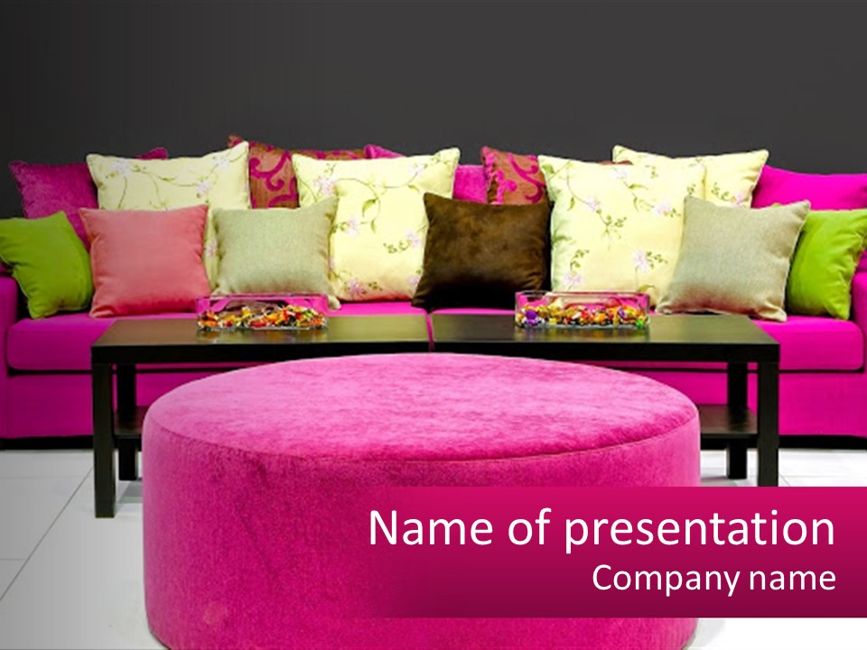 A Living Room With Pink Couches And Pillows PowerPoint Template