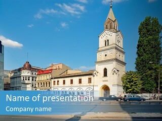 A Church With A Steeple On A Sunny Day PowerPoint Template