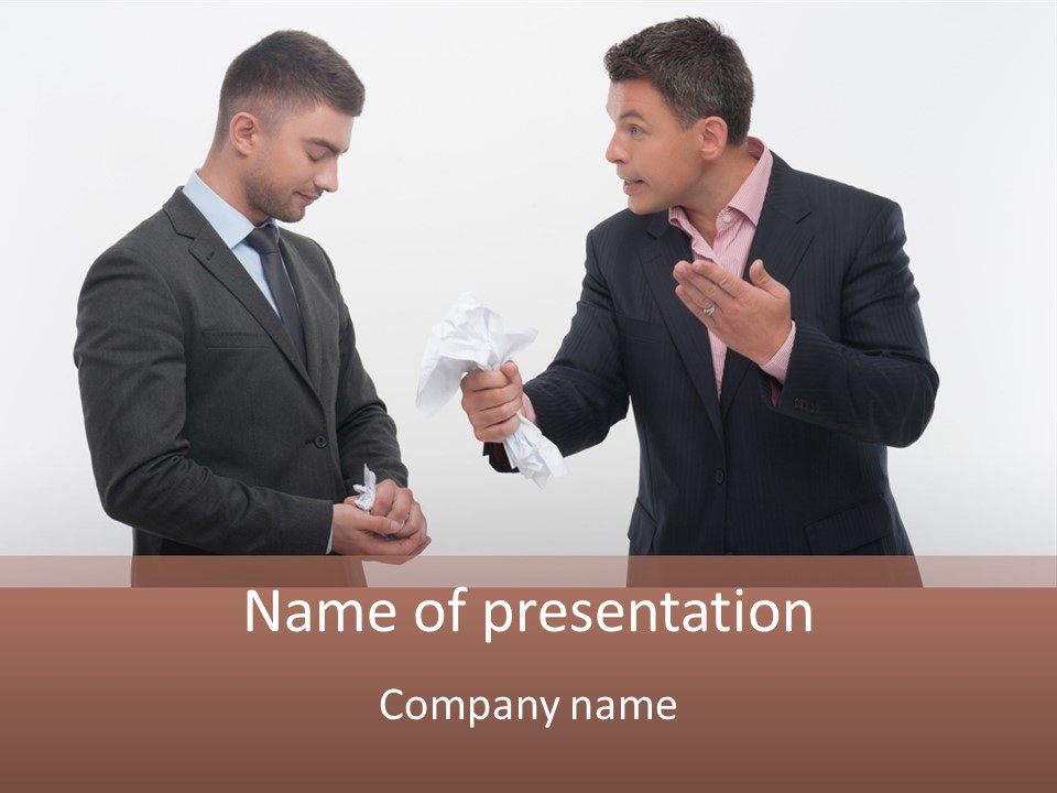 Two Men In Suits Are Looking At A Piece Of Paper PowerPoint Template