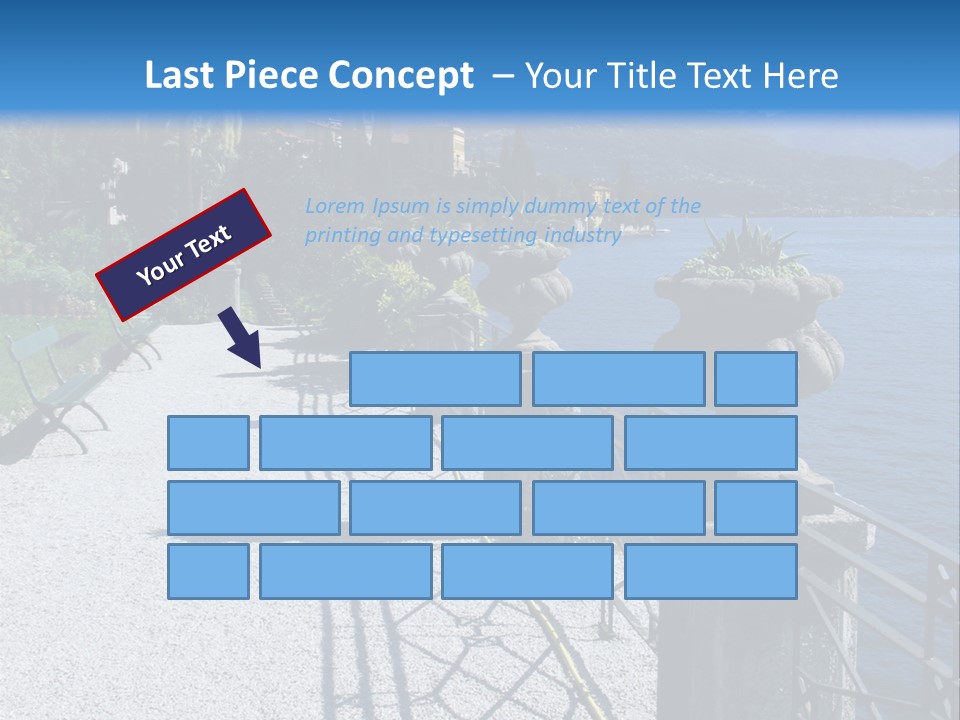 A Stone Walkway Next To A Body Of Water With Mountains In The Background PowerPoint Template