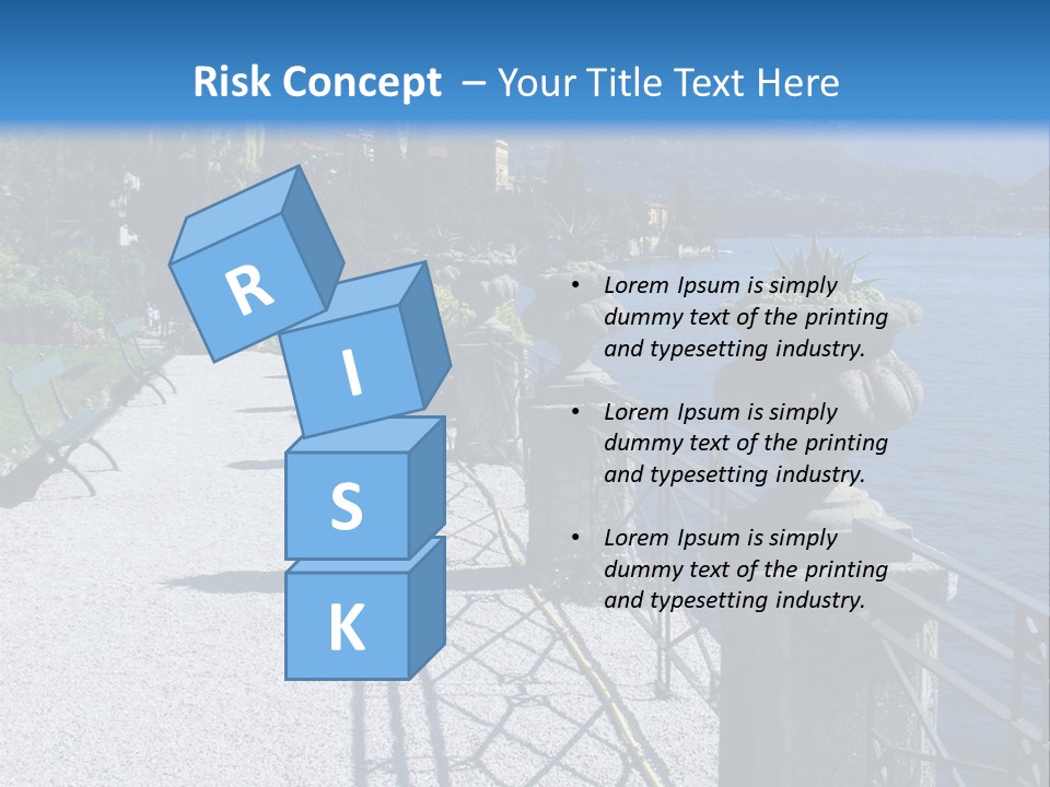 A Stone Walkway Next To A Body Of Water With Mountains In The Background PowerPoint Template