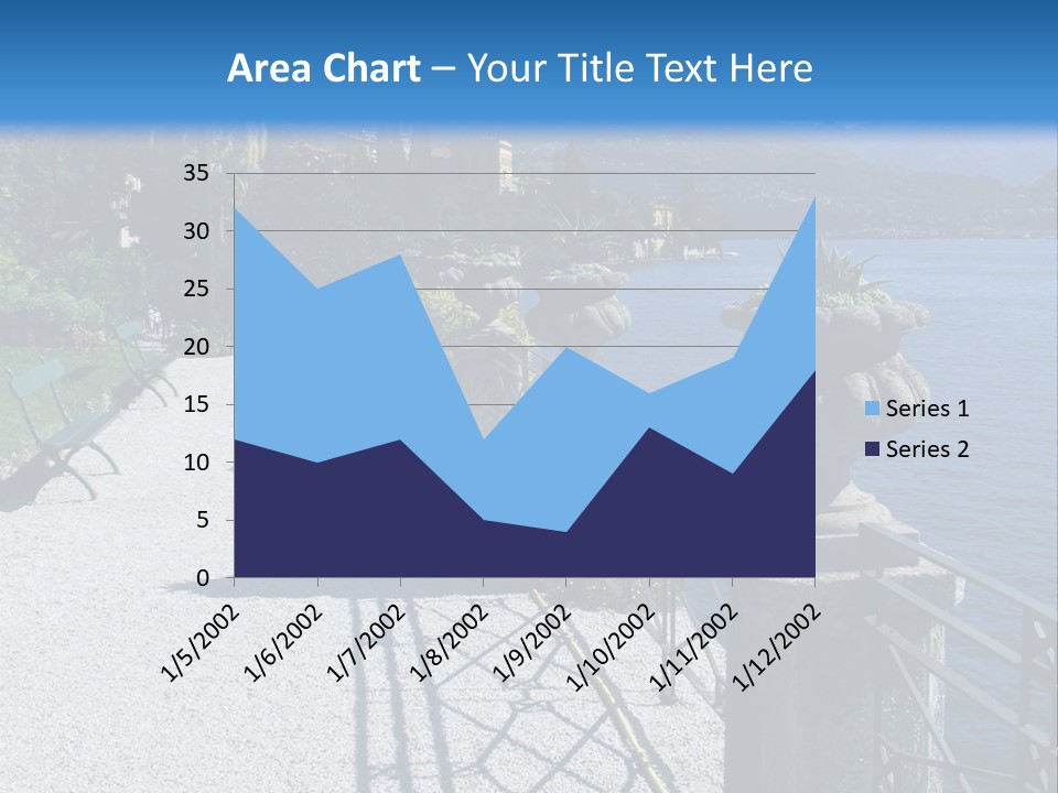 A Stone Walkway Next To A Body Of Water With Mountains In The Background PowerPoint Template