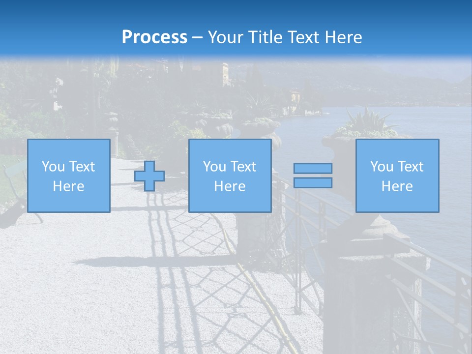 A Stone Walkway Next To A Body Of Water With Mountains In The Background PowerPoint Template