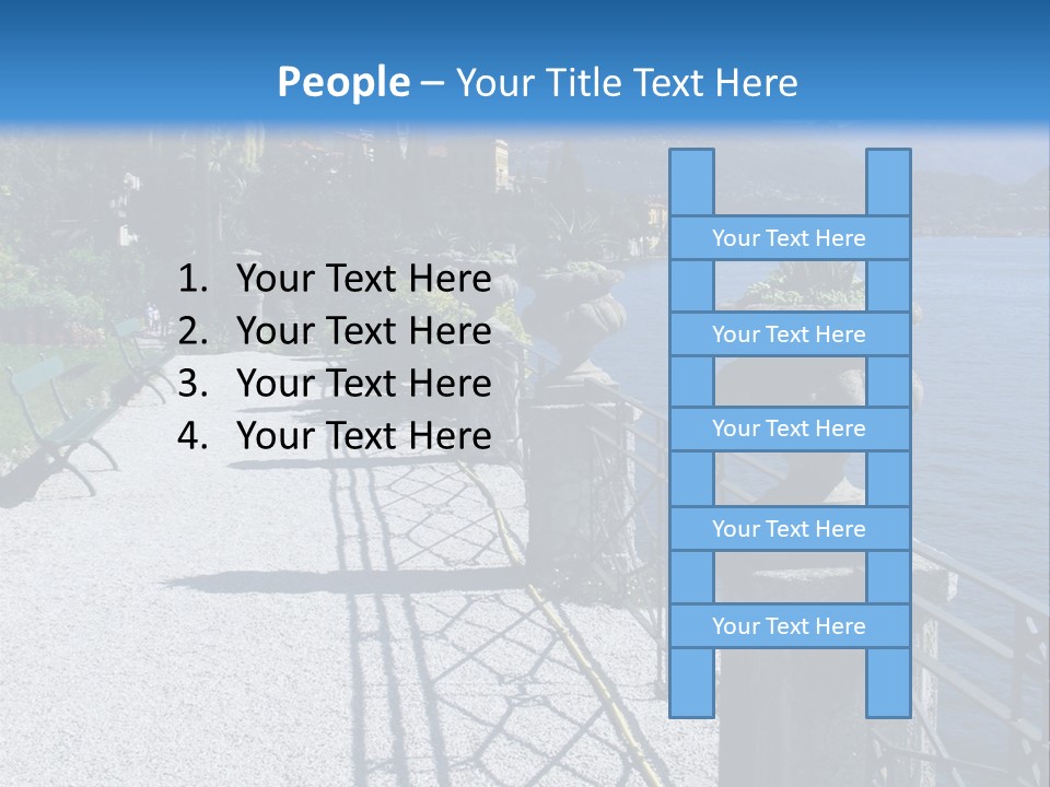 A Stone Walkway Next To A Body Of Water With Mountains In The Background PowerPoint Template