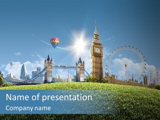 A Picture Of A City With A Hot Air Balloon In The Sky PowerPoint Template