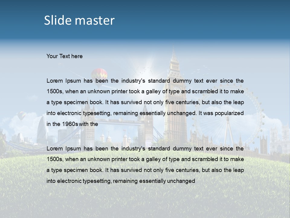 A Picture Of A City With A Hot Air Balloon In The Sky PowerPoint Template