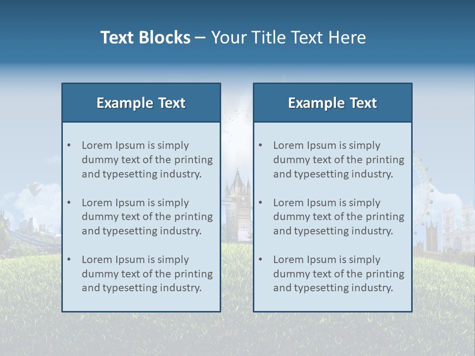 A Picture Of A City With A Hot Air Balloon In The Sky PowerPoint Template