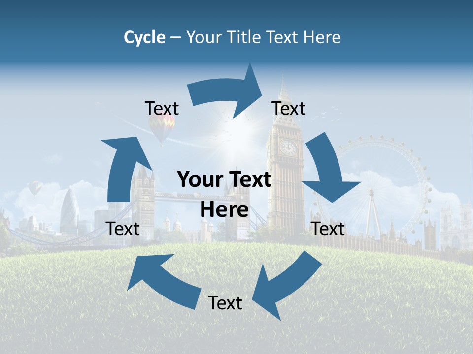 A Picture Of A City With A Hot Air Balloon In The Sky PowerPoint Template