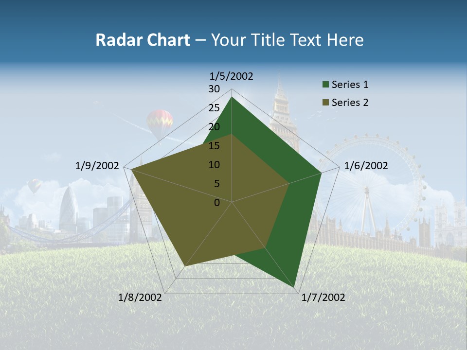 A Picture Of A City With A Hot Air Balloon In The Sky PowerPoint Template