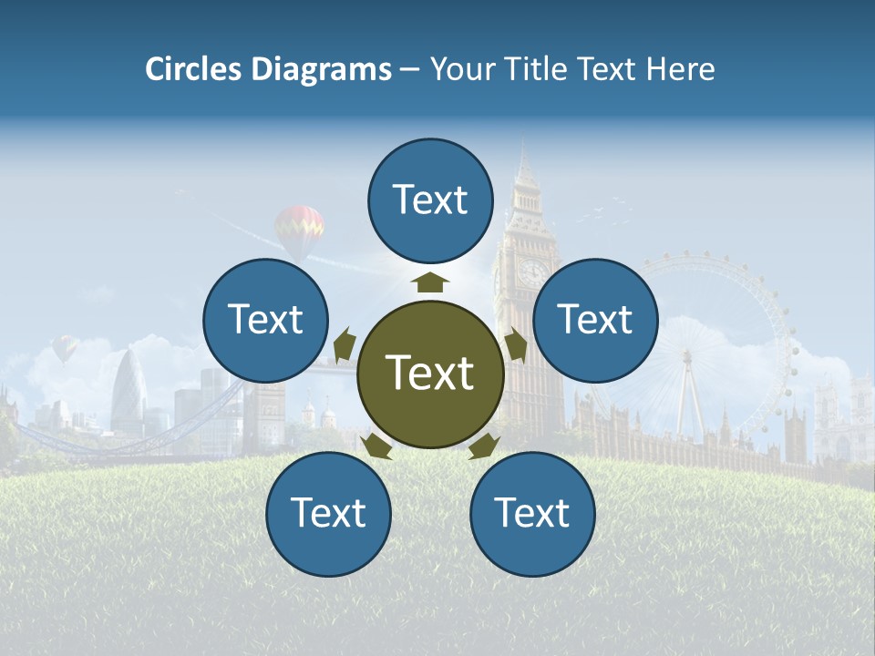 A Picture Of A City With A Hot Air Balloon In The Sky PowerPoint Template