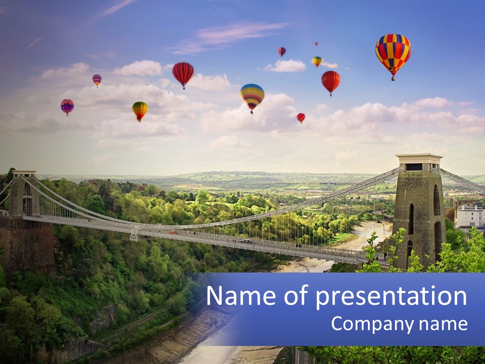 A Bridge With Hot Air Balloons Flying Over It PowerPoint Template